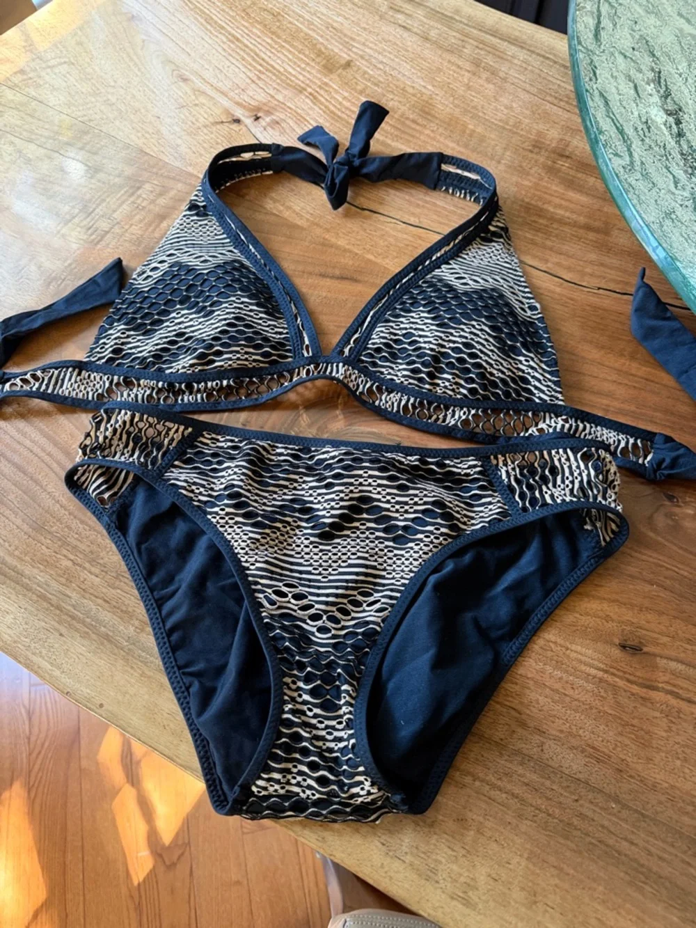BECCA Black and Gold Lace-Pattern Triangle Bikini